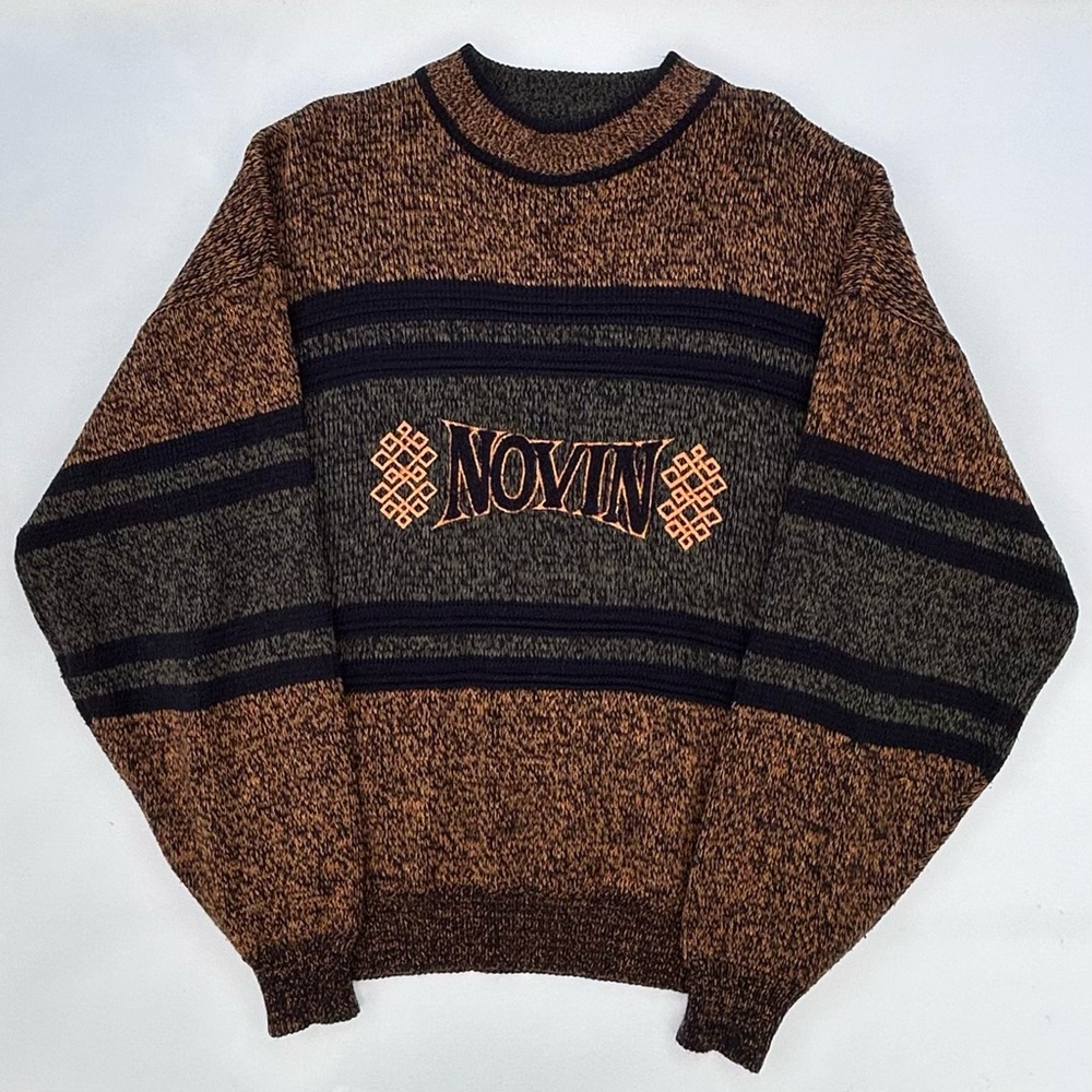 Vintage 90’s Novin Embroidered Logo Sweater Acrylic Blend Men’s Large Striped